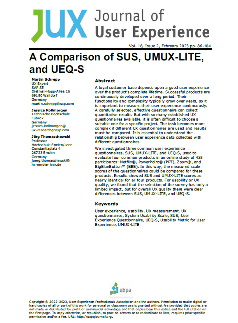 Artikel Vergleich SUS, UMUX-LITE, UEQ-S